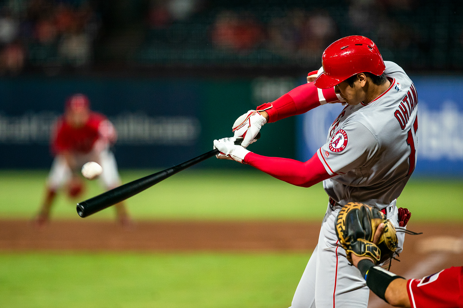 Shohei Ohtani of the Los Angeles Angels hits a home run at Globe Life Park in Arlington, TX.