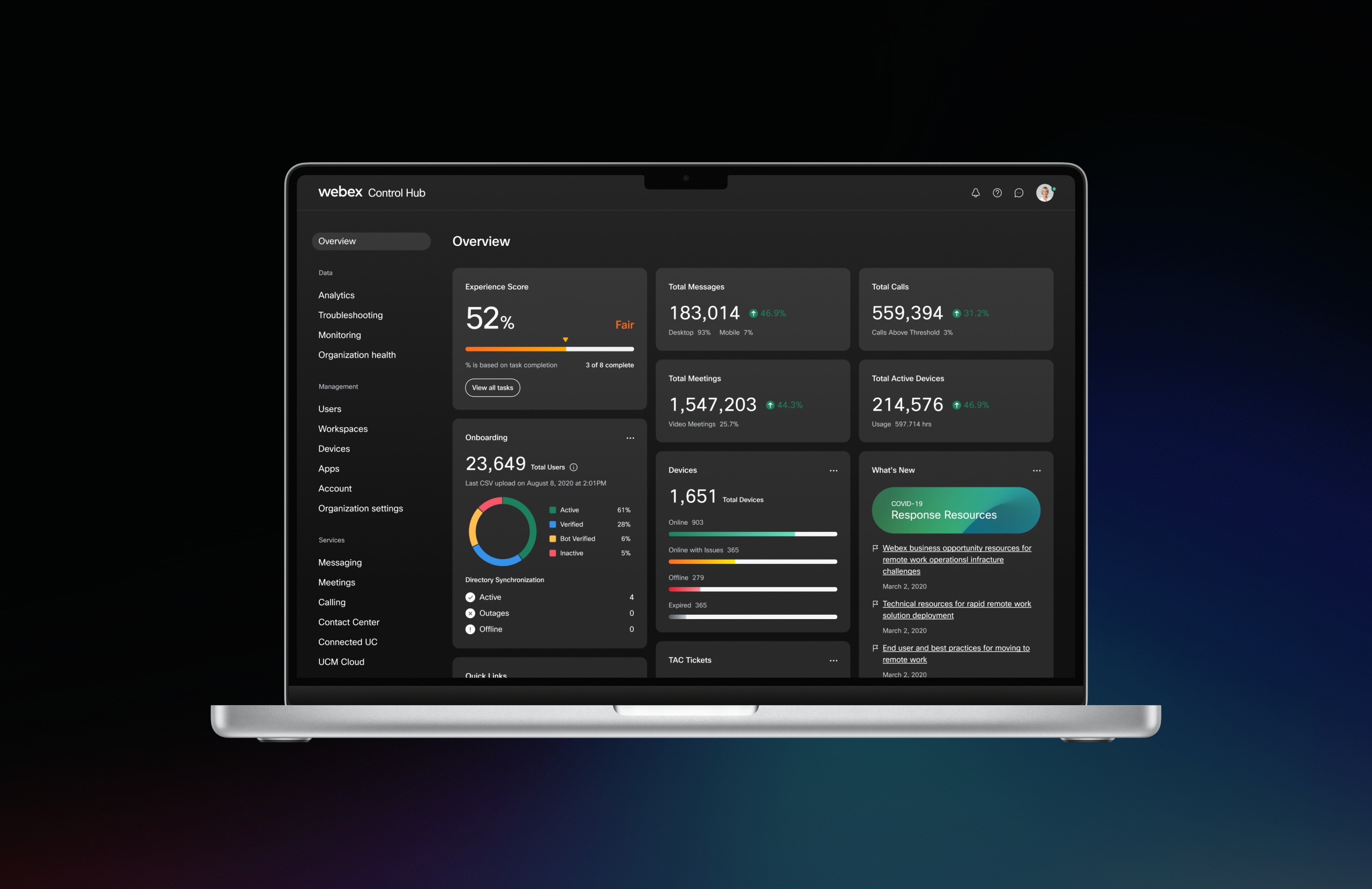 A mockup concept of a refreshed Admin Control Hub dashboard in dark mode.